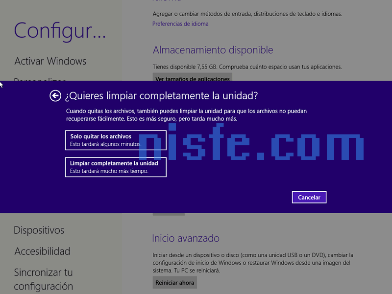 Quitar todo y reinstalar Windows 8